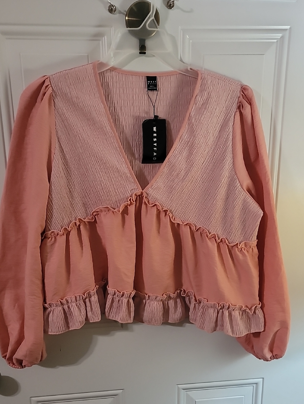Women's Pink V-Neck Ruffle Blouse - Picture 5 of 10